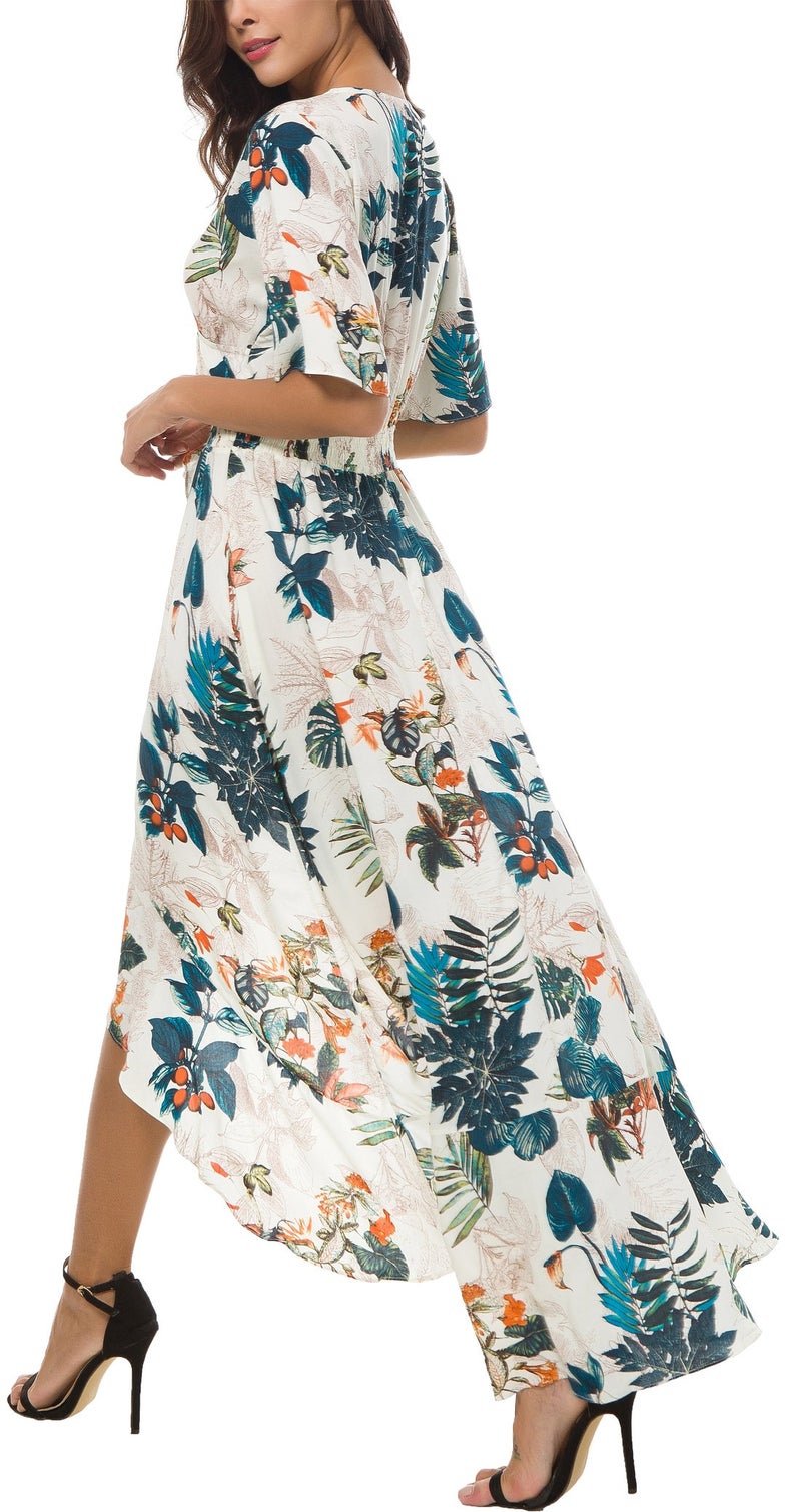 Kormei Womens Short Sleeve Floral Maxi Dress High Low V-Neck Flowy Party Long Dresses S Apricot&Blue